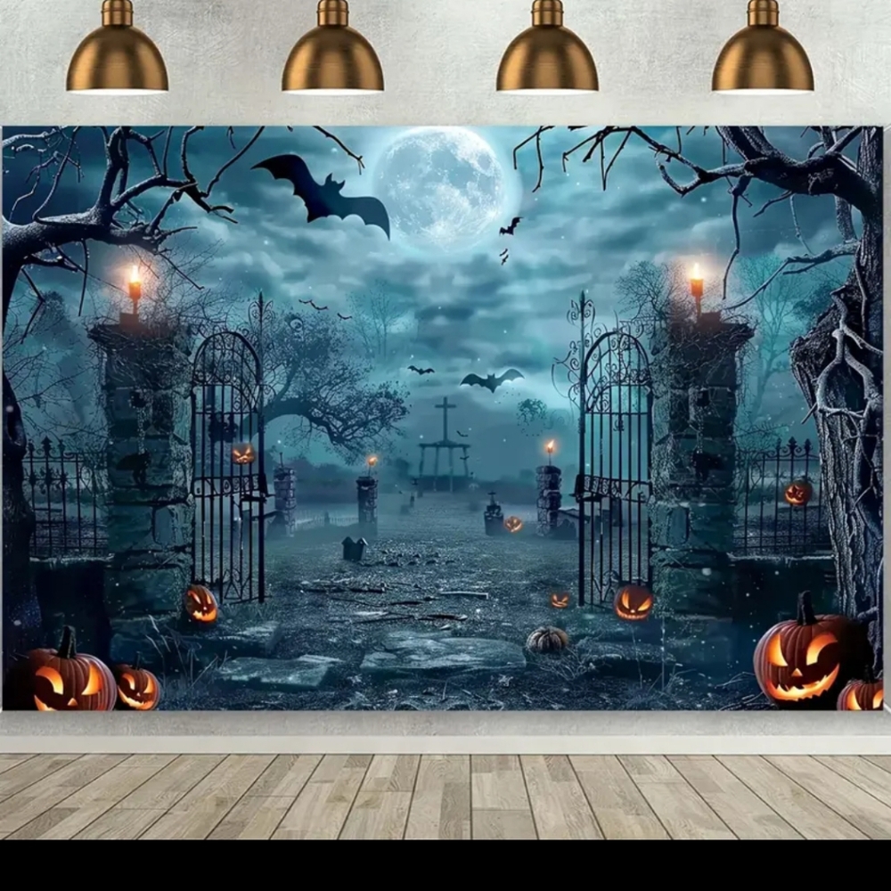 Picture Backdrop Graveyard Halloween Decoration. NIP. 60" W X 51" H.